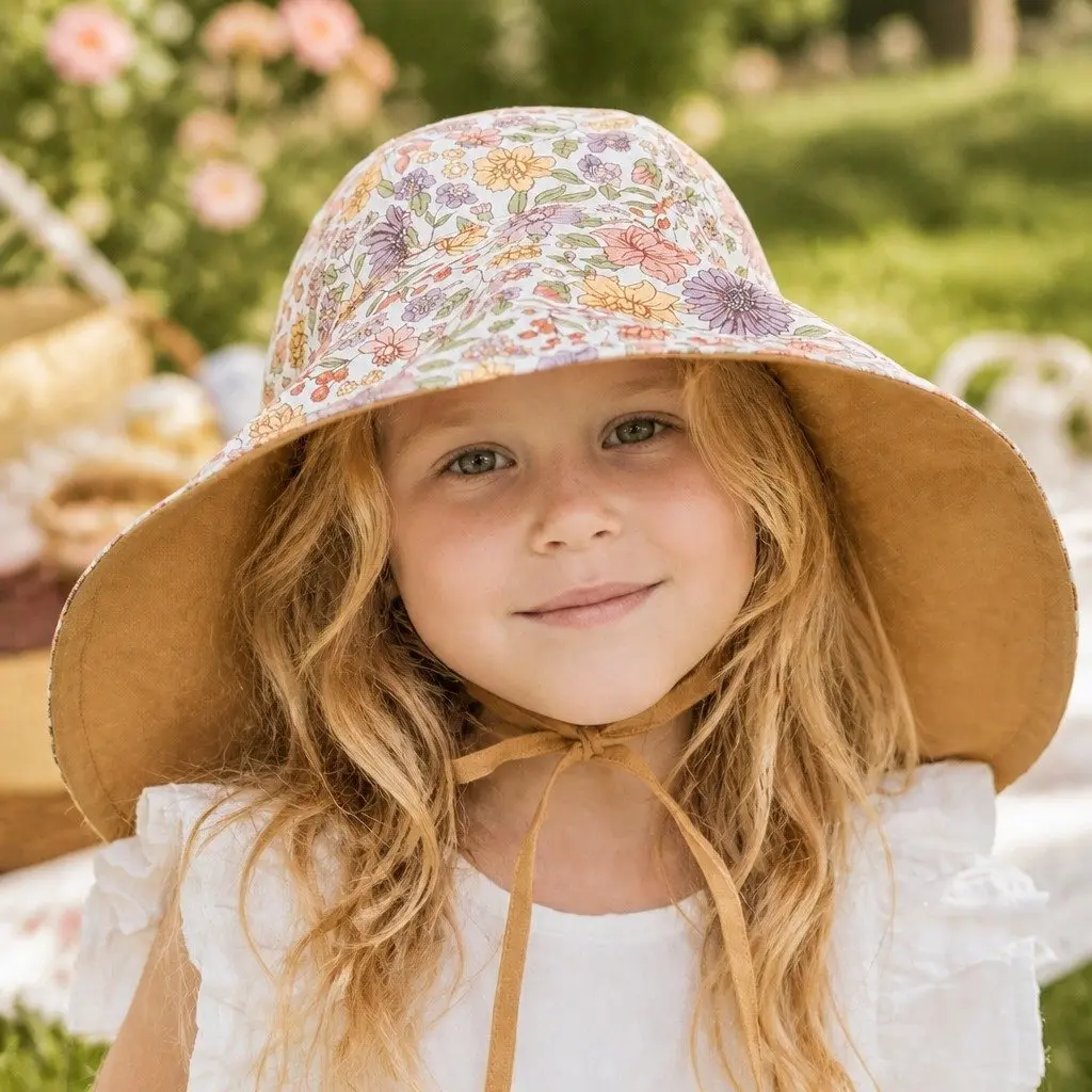 Girls Wide-Brimmed Sun Bonnet Hat Reversible Pink Lightweight UPF50+ Sun Protection