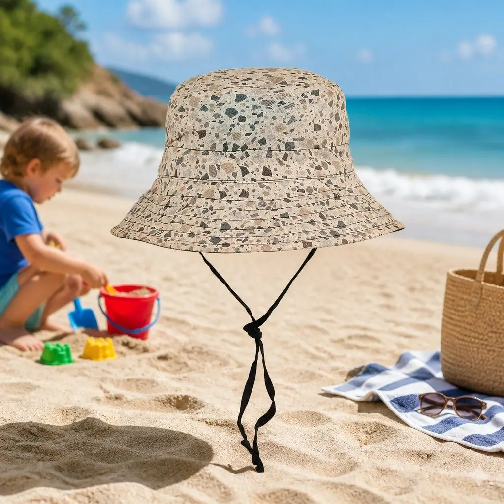 Kids Bucket Hat Reversible Terrazzo Ebony S UPF50+ Sun Protection Wide Brim Adjustable