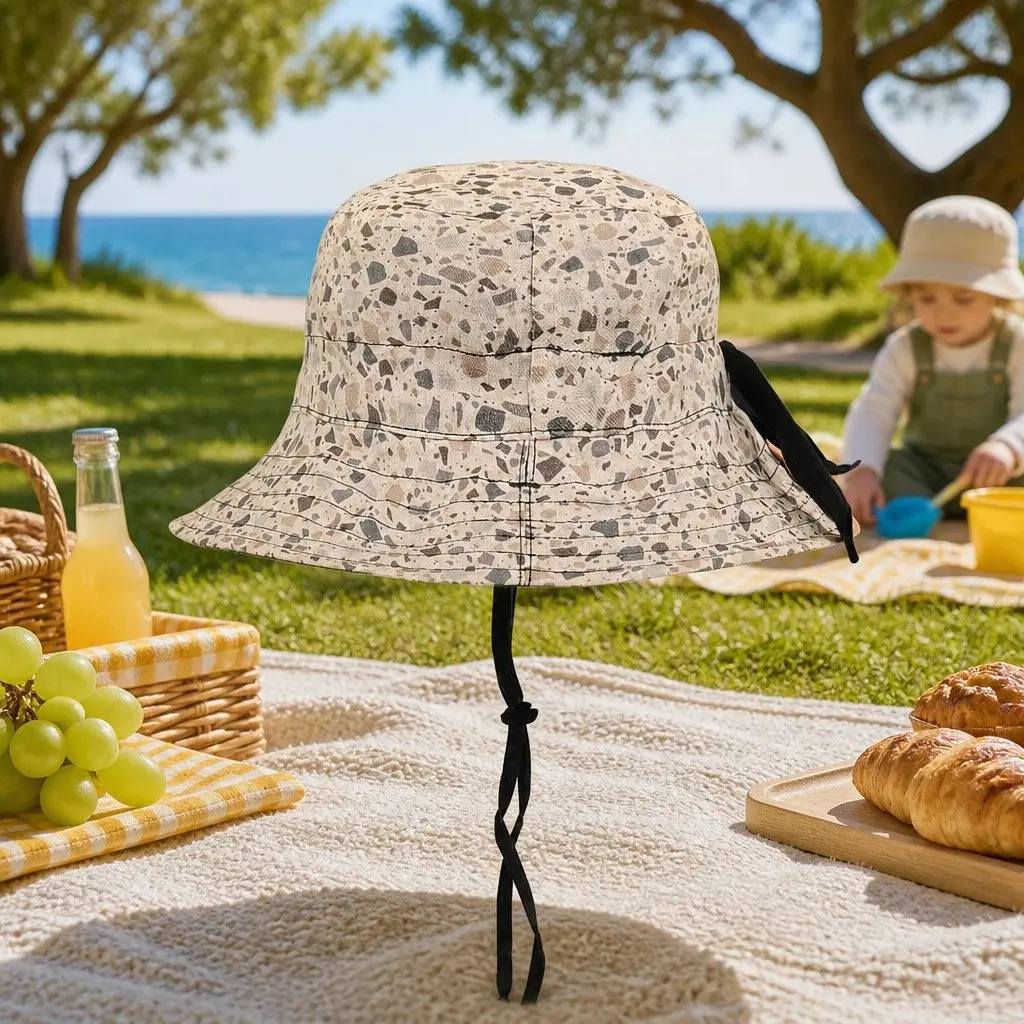 Kids Bucket Hat Reversible Terrazzo Ebony S UPF50+ Sun Protection Wide Brim Adjustable