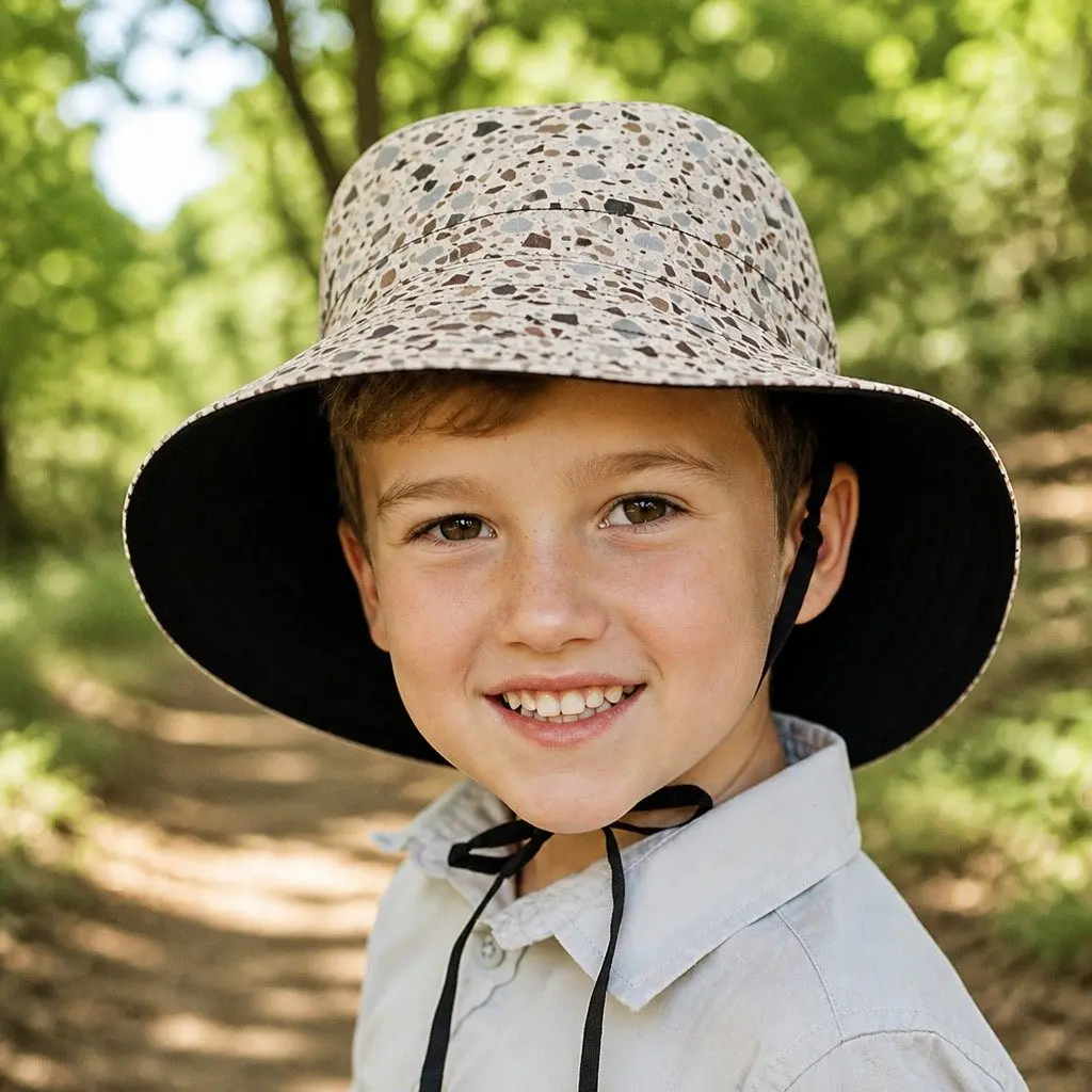 Kids Bucket Hat Reversible Terrazzo Ebony S UPF50+ Sun Protection Wide Brim Adjustable