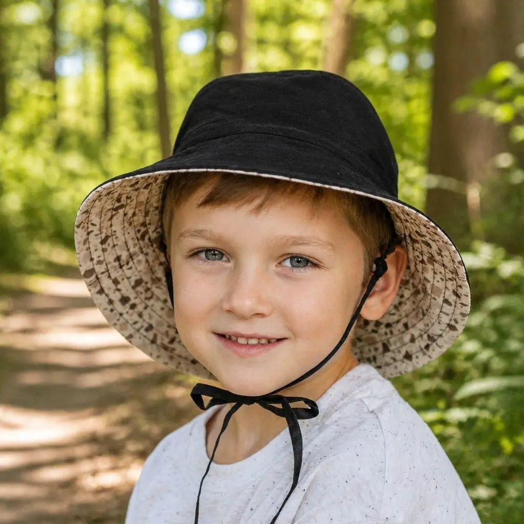 Kids Bucket Hat Reversible Terrazzo Ebony S UPF50+ Sun Protection Wide Brim Adjustable