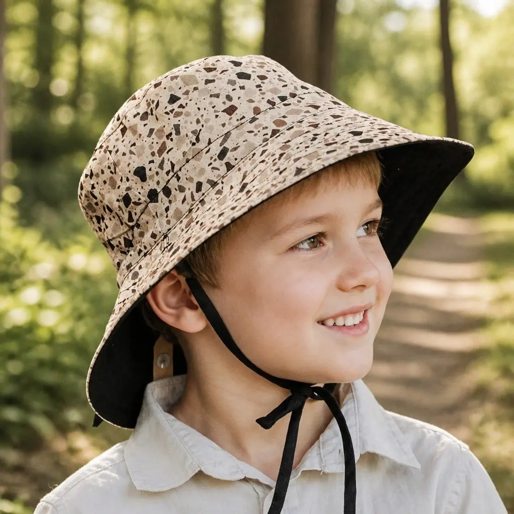 Kids Bucket Hat Reversible Terrazzo Ebony S UPF50+ Sun Protection Wide Brim Adjustable