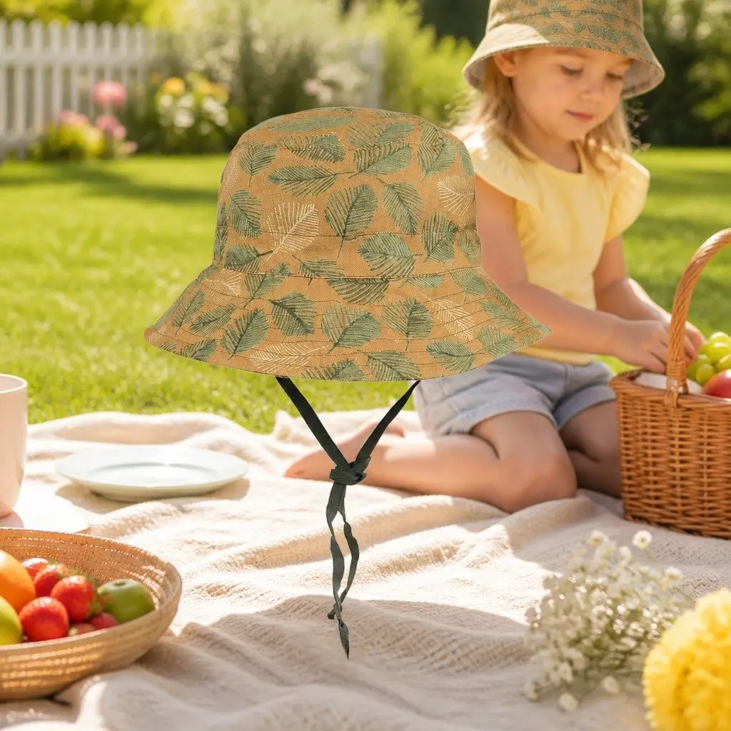 Kids Reversible Bucket Hat Sunny Yellow Mossy Olive Green Wide Brim UPF50+ Sun Protection Adjustable