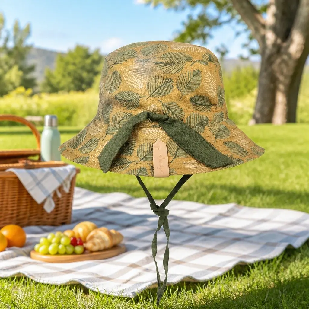 Kids Reversible Bucket Hat Sunny Yellow Mossy Olive Green Wide Brim UPF50+ Sun Protection Adjustable