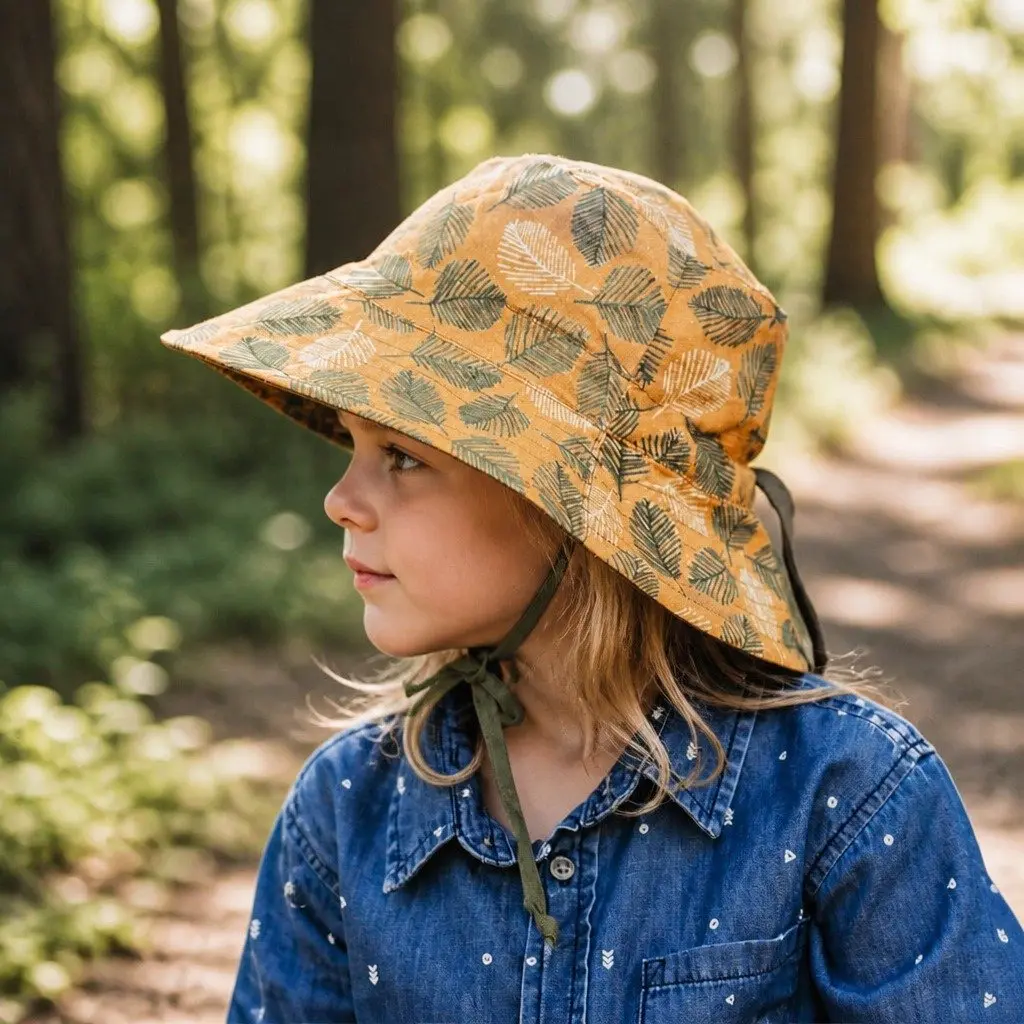 Kids Reversible Bucket Hat Sunny Yellow Mossy Olive Green Wide Brim UPF50+ Sun Protection Adjustable