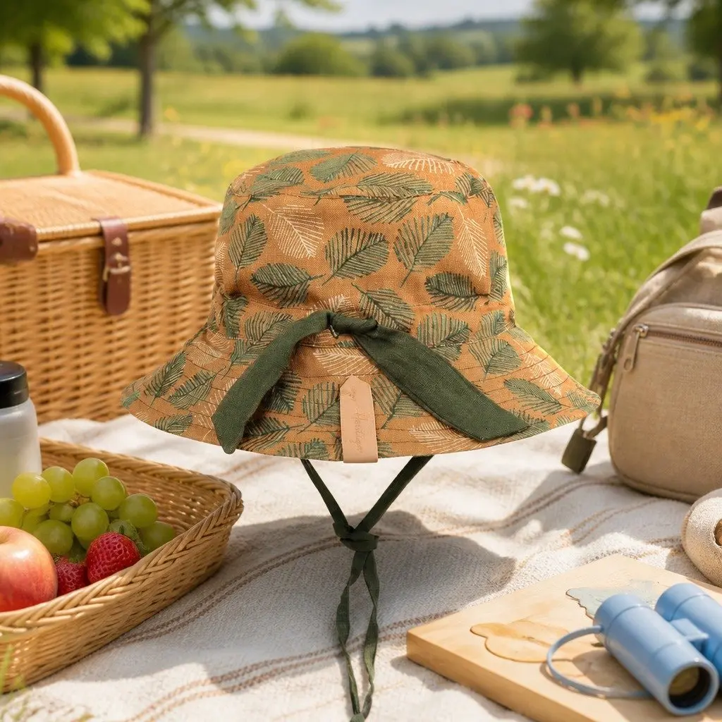 Kids Reversible Bucket Hat Sunny Yellow Mossy Olive Green Size M UPF50+ Sun Protection Wide Brim