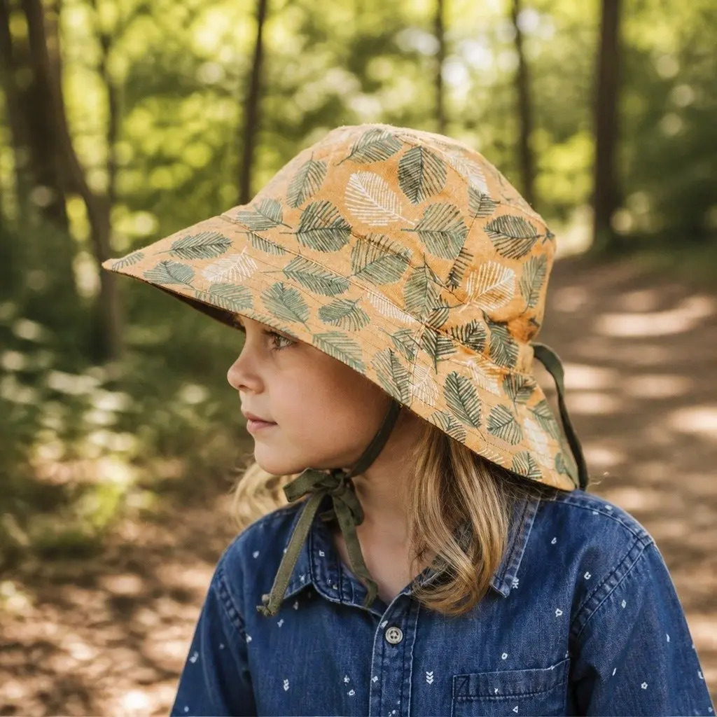 Kids Reversible Bucket Hat Sunny Yellow Mossy Olive Green Size M UPF50+ Sun Protection Wide Brim