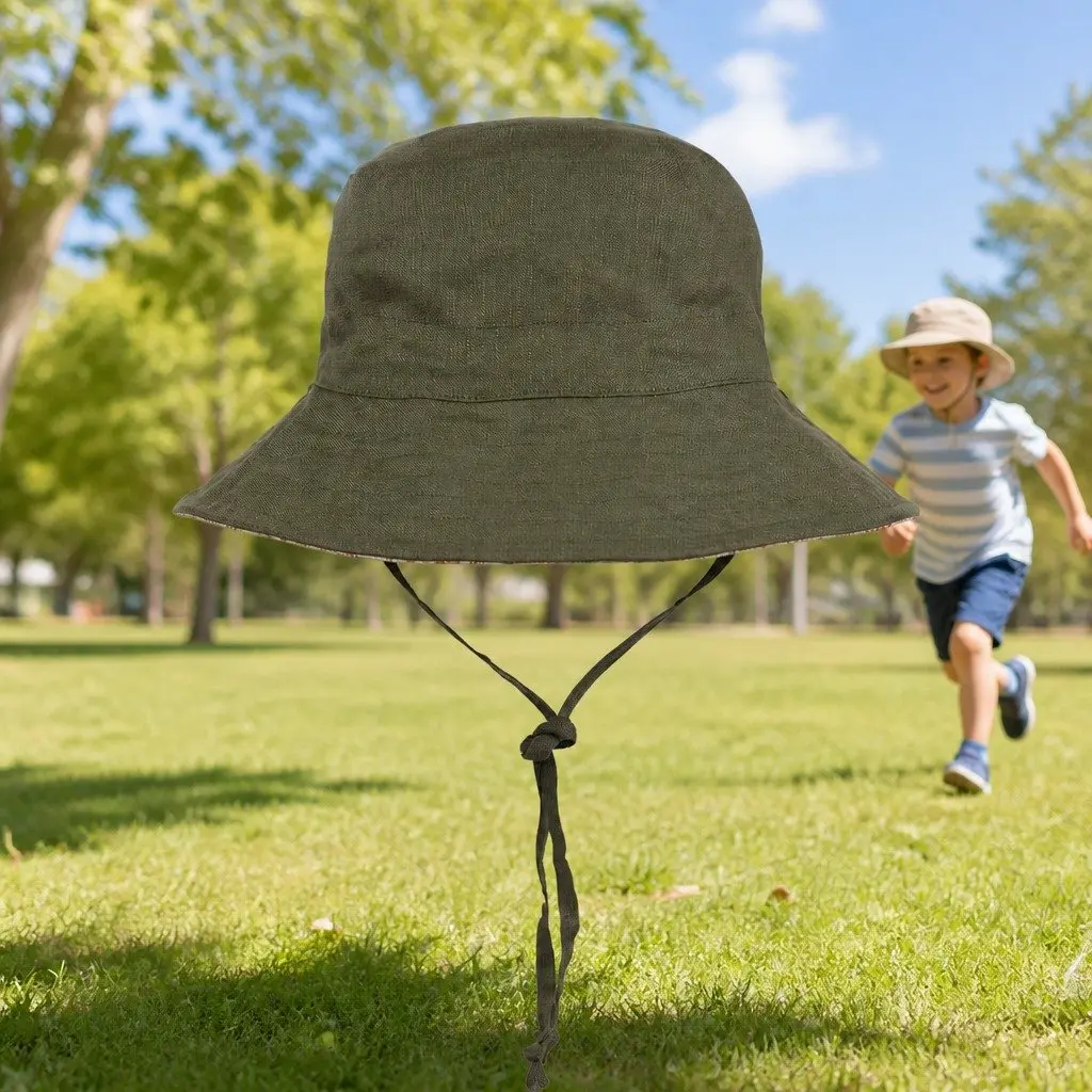 Kids Reversible Bucket Hat Otis Olive S UPF50+ Sun Protection Wide Brim Explorer Style