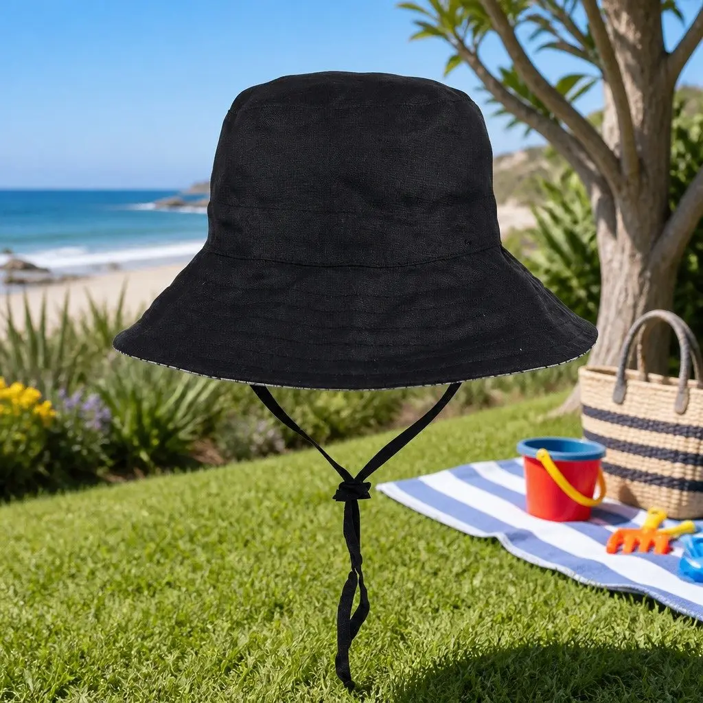 Reversible Bucket Hat Kids Billie Ebony S Wide Brim UPF50+ Sun Protection