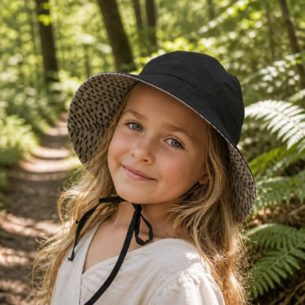 Reversible Bucket Hat Kids Billie Ebony S Wide Brim UPF50+ Sun Protection