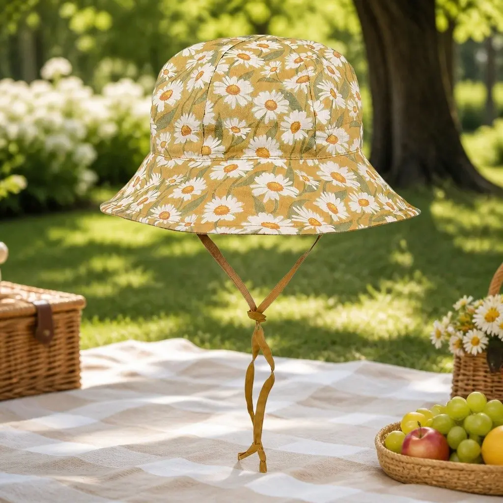 Kids Bucket Hat Reversible Maggie Maize Size S Wide Brim UPF50+ Sun Protection Adjustable Ties