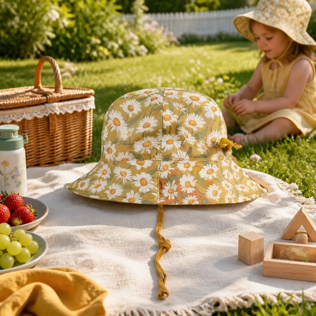 Kids Bucket Hat Reversible Maggie Maize Size S Wide Brim UPF50+ Sun Protection Adjustable Ties