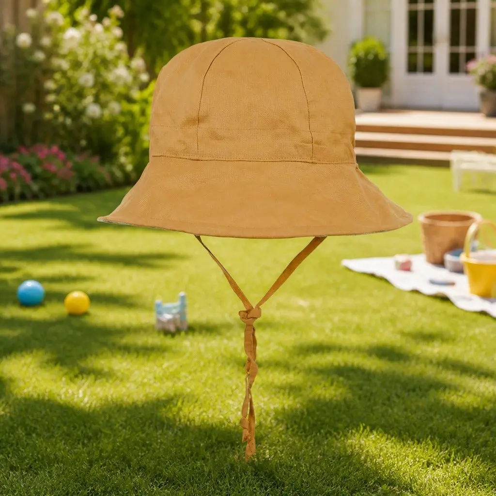 Kids Bucket Hat Reversible Maggie Maize Size S Wide Brim UPF50+ Sun Protection Adjustable Ties
