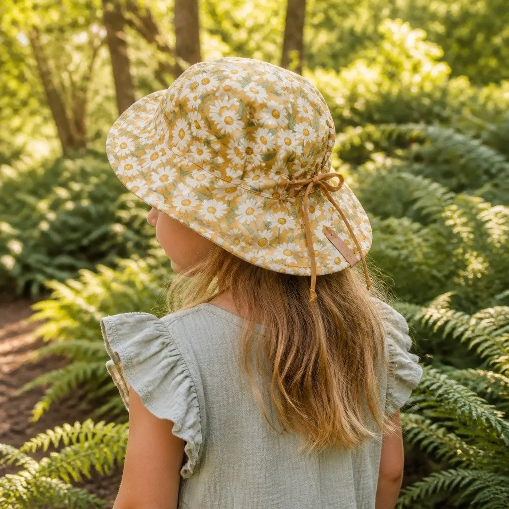 Kids Bucket Hat Reversible Maggie Maize Size S Wide Brim UPF50+ Sun Protection Adjustable Ties