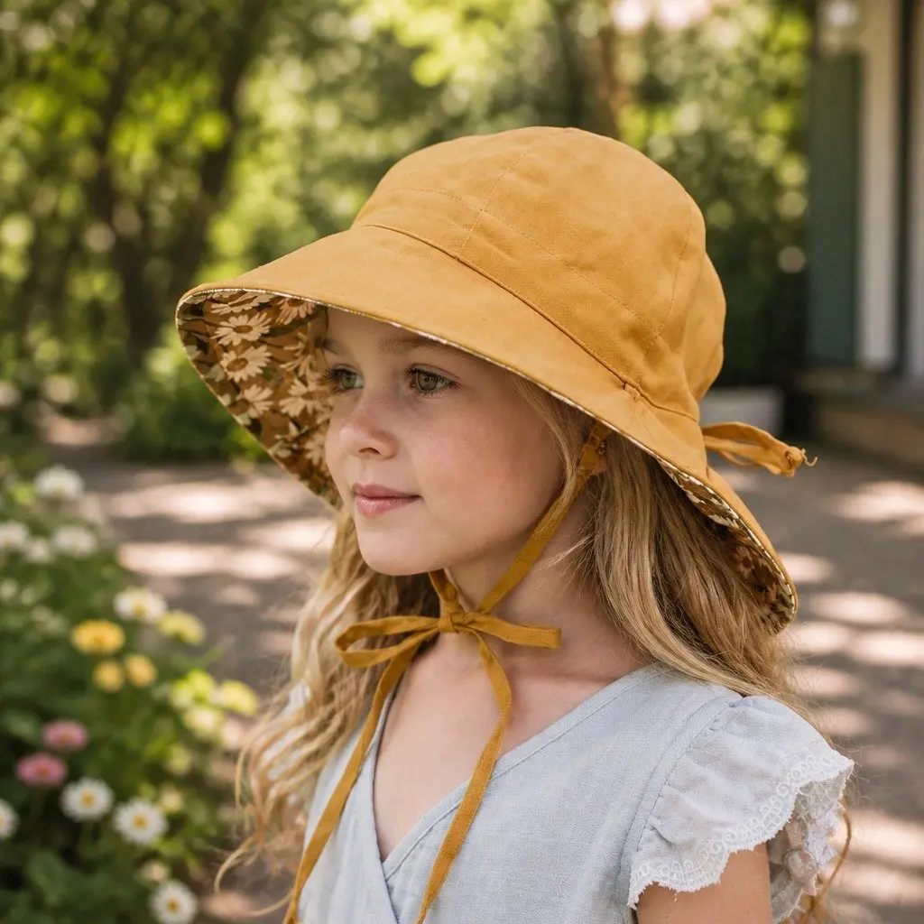 Kids Bucket Hat Reversible Maggie Maize Size S Wide Brim UPF50+ Sun Protection Adjustable Ties