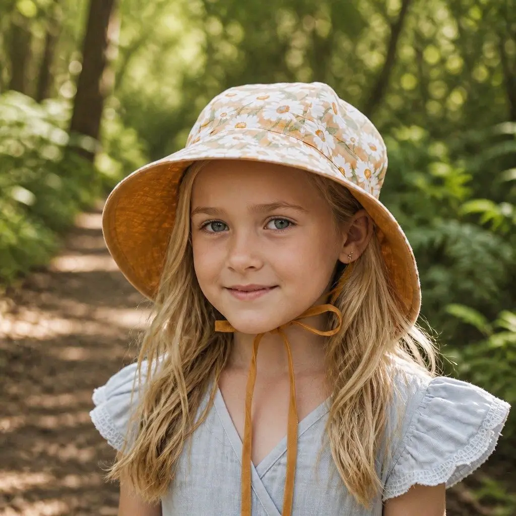 Kids Bucket Hat Reversible Maggie Maize Size S Wide Brim UPF50+ Sun Protection Adjustable Ties