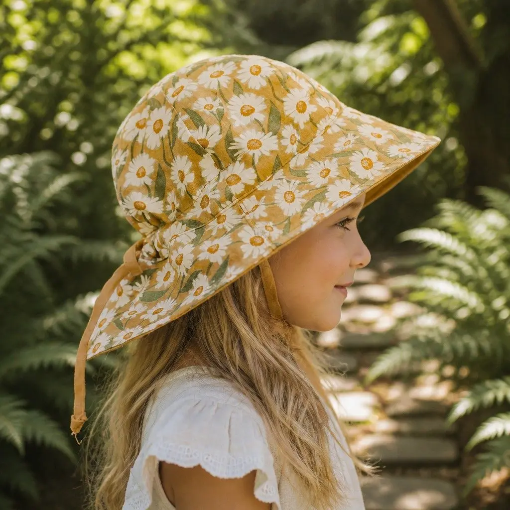 Kids Bucket Hat Reversible Maggie Maize Size S Wide Brim UPF50+ Sun Protection Adjustable Ties