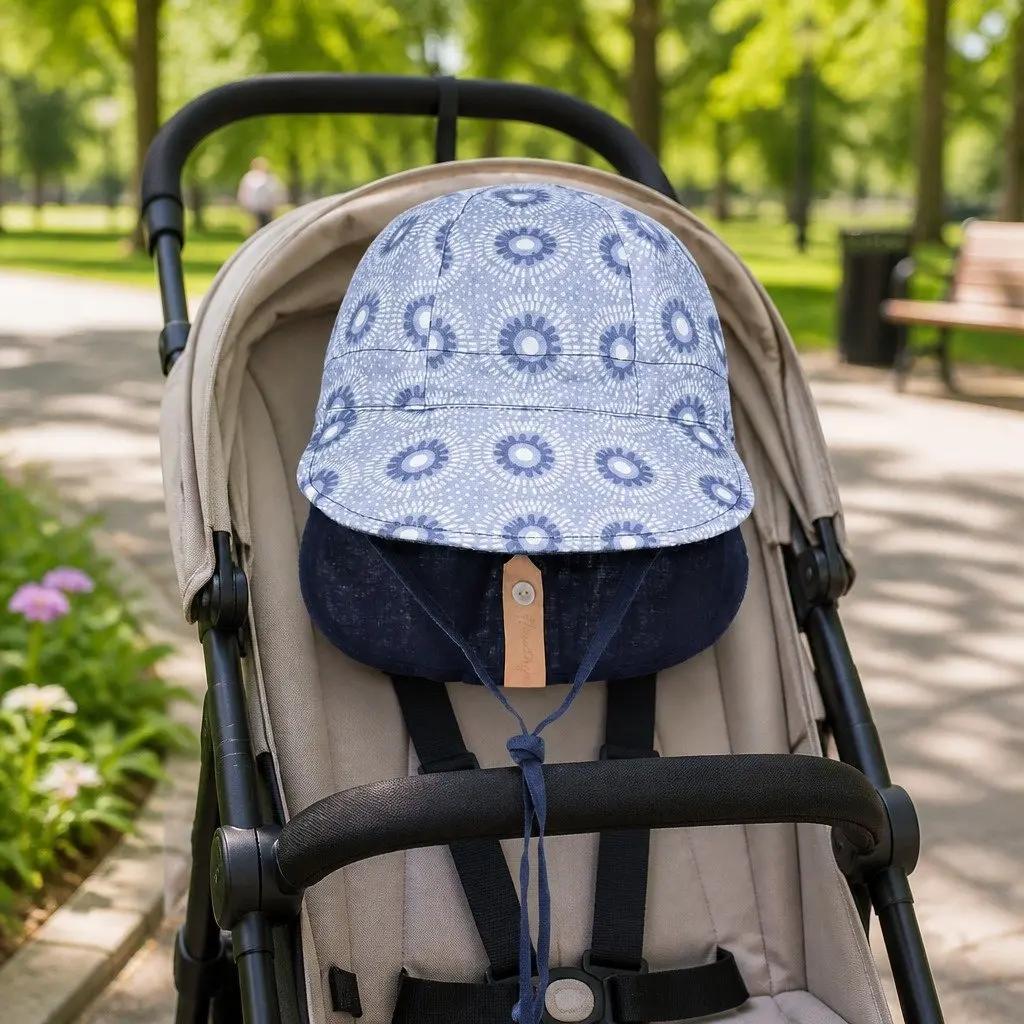 Reversible Baby Flap Sun Hat Norman Indigo Newborn Pram Carrier UPF50+