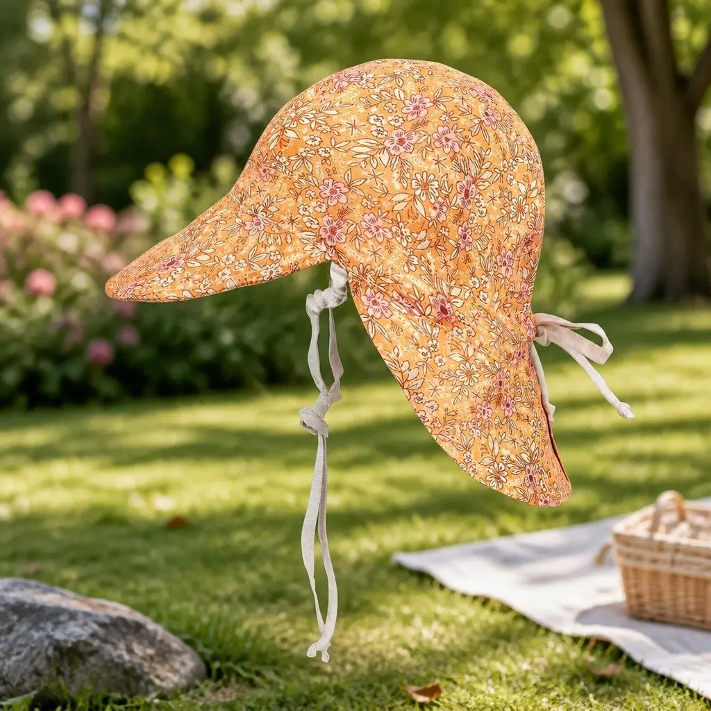 Reversible Legionnaire Hat Peach Flowers on Burnt Orange Flax Small UPF50+ Sun Protection for Newborns