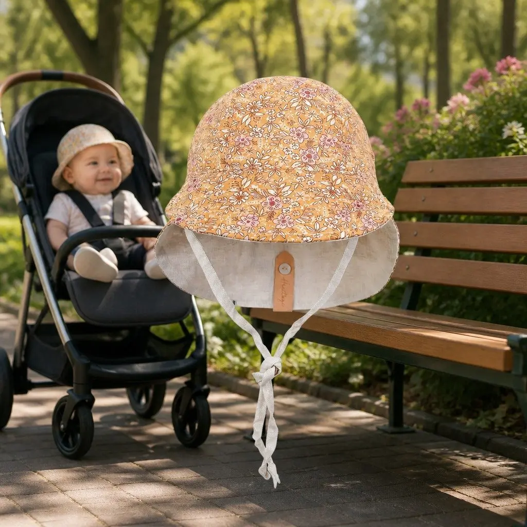 Reversible Legionnaire Hat Peach Flowers on Burnt Orange Flax Small UPF50+ Sun Protection for Newborns