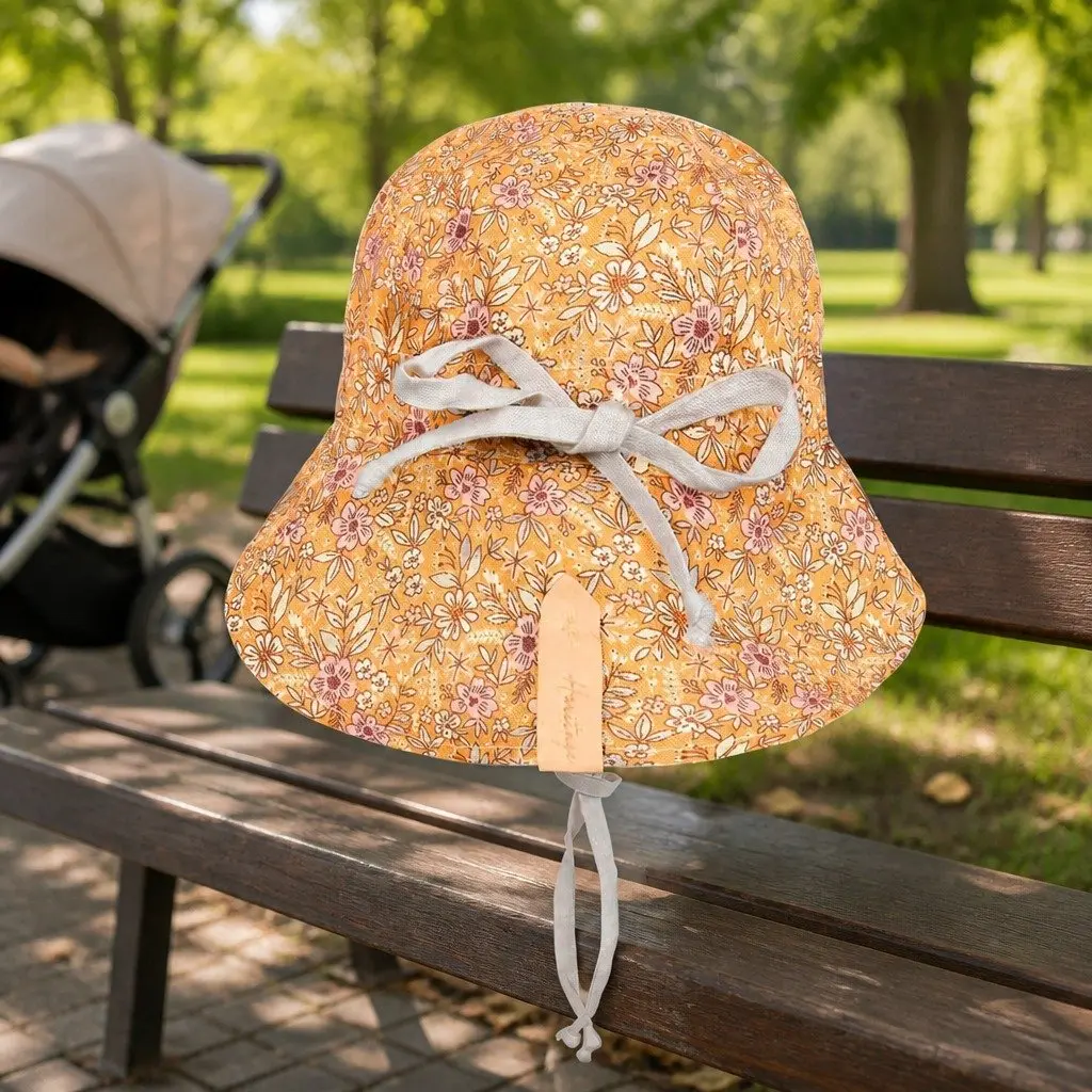 Reversible Legionnaire Hat Peach Flowers on Burnt Orange Flax Small UPF50+ Sun Protection for Newborns