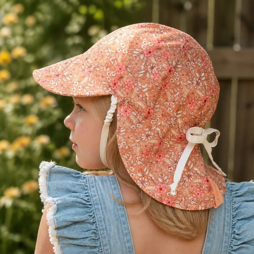 Reversible Legionnaire Hat Peach Flowers on Burnt Orange Flax Small UPF50+ Sun Protection for Newborns