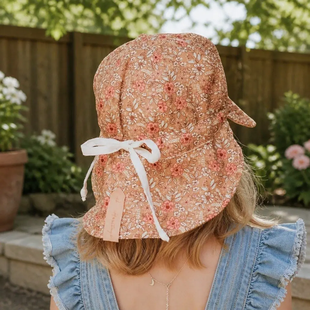 Reversible Legionnaire Hat Peach Flowers on Burnt Orange Flax Small UPF50+ Sun Protection for Newborns