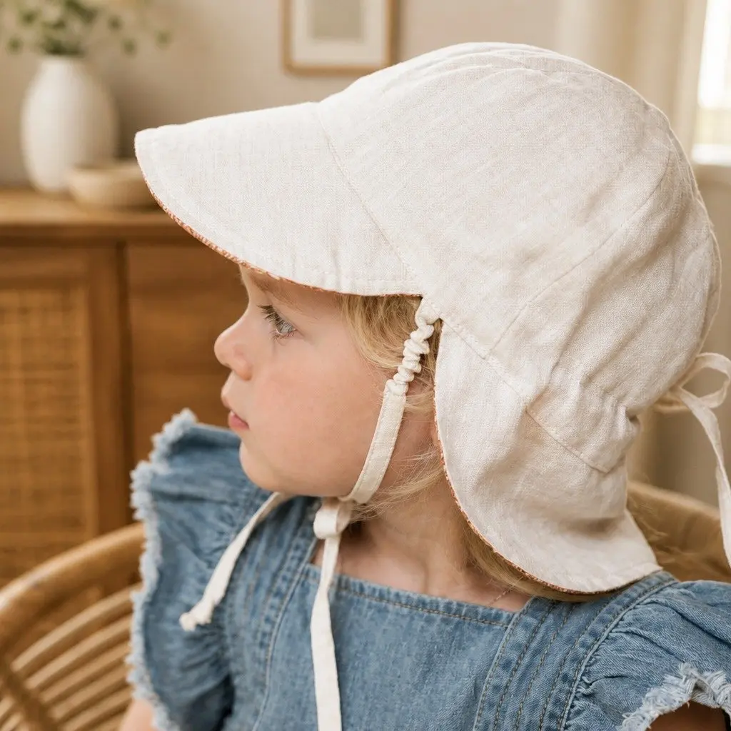 Reversible Legionnaire Hat Peach Flowers on Burnt Orange Flax Small UPF50+ Sun Protection for Newborns