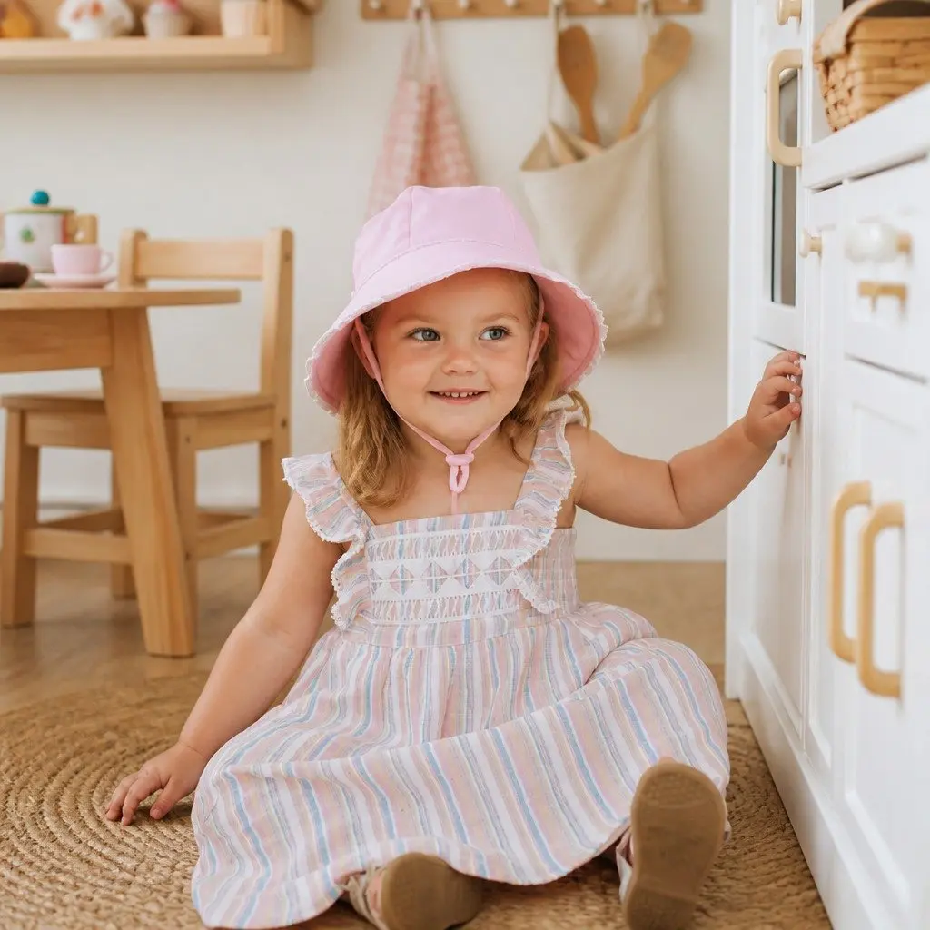 Toddler Bucket Sun Hat Blush M Soft Flexible Brim UPF50+ Ruffle Trim