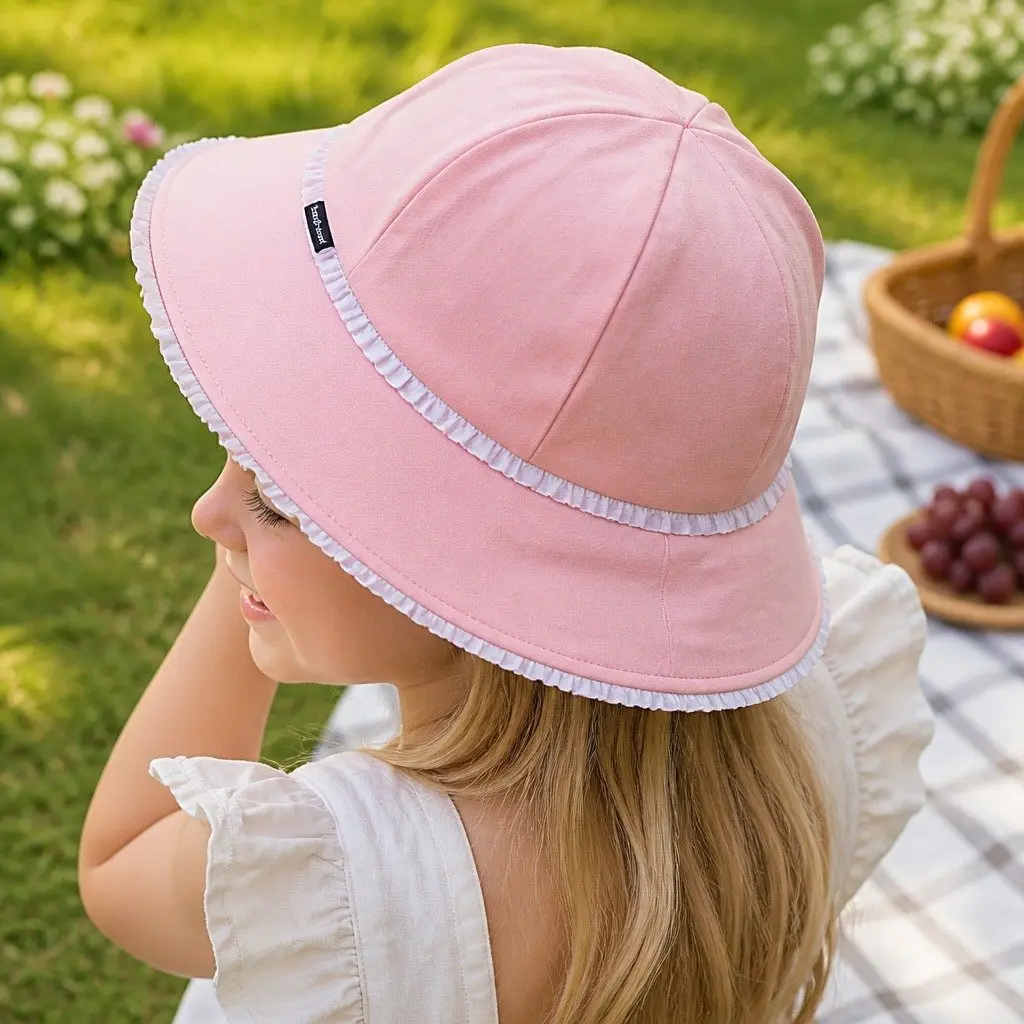 Toddler Bucket Hat Blush L Soft Flexible Brim Ruffle Trim Sun Protection