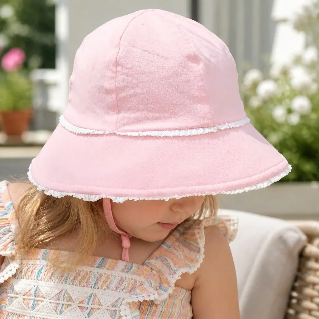 Toddler Bucket Hat Blush L Soft Flexible Brim Ruffle Trim Sun Protection