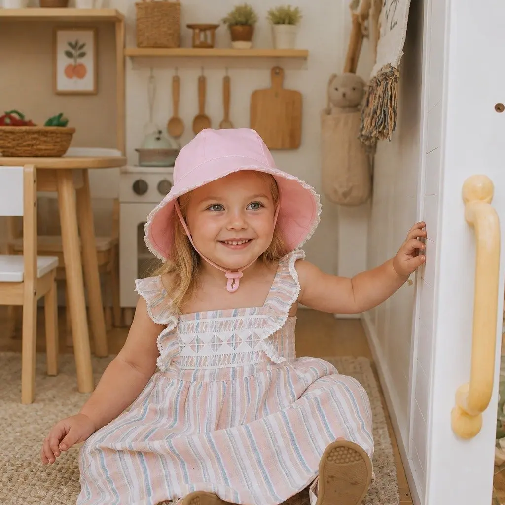 Toddler Bucket Hat Blush L Soft Flexible Brim Ruffle Trim Sun Protection