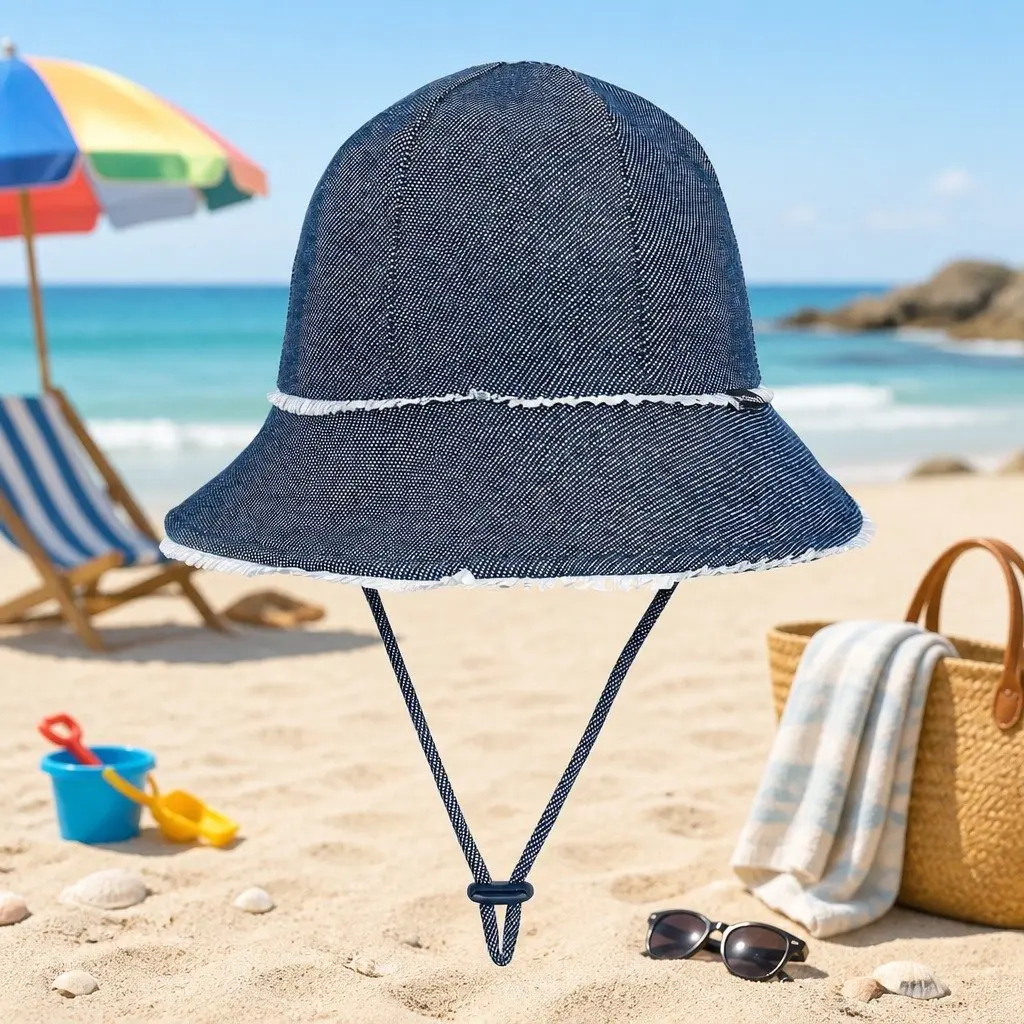 Toddler Bucket Hat Denim S Ruffle Trim Soft Flexible Brim Sun Protection
