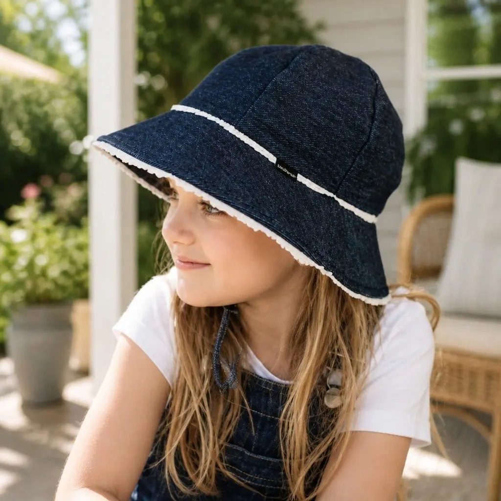 Toddler Bucket Hat Denim S Ruffle Trim Soft Flexible Brim Sun Protection