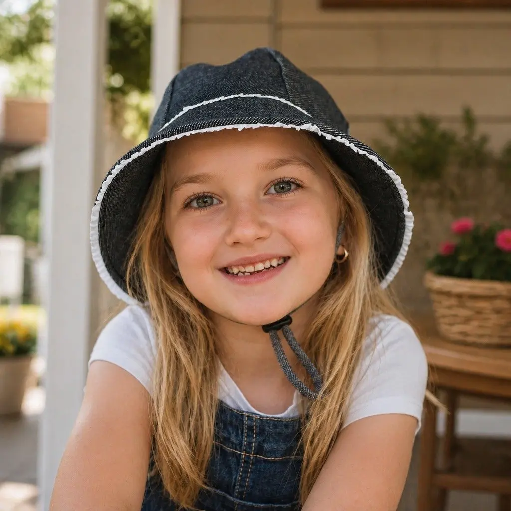 Toddler Bucket Hat Denim S Ruffle Trim Soft Flexible Brim Sun Protection