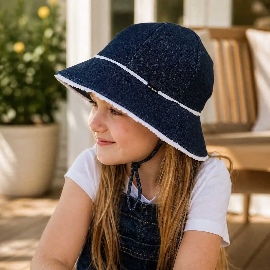 Toddler Bucket Hat Denim S Ruffle Trim Soft Flexible Brim Sun Protection