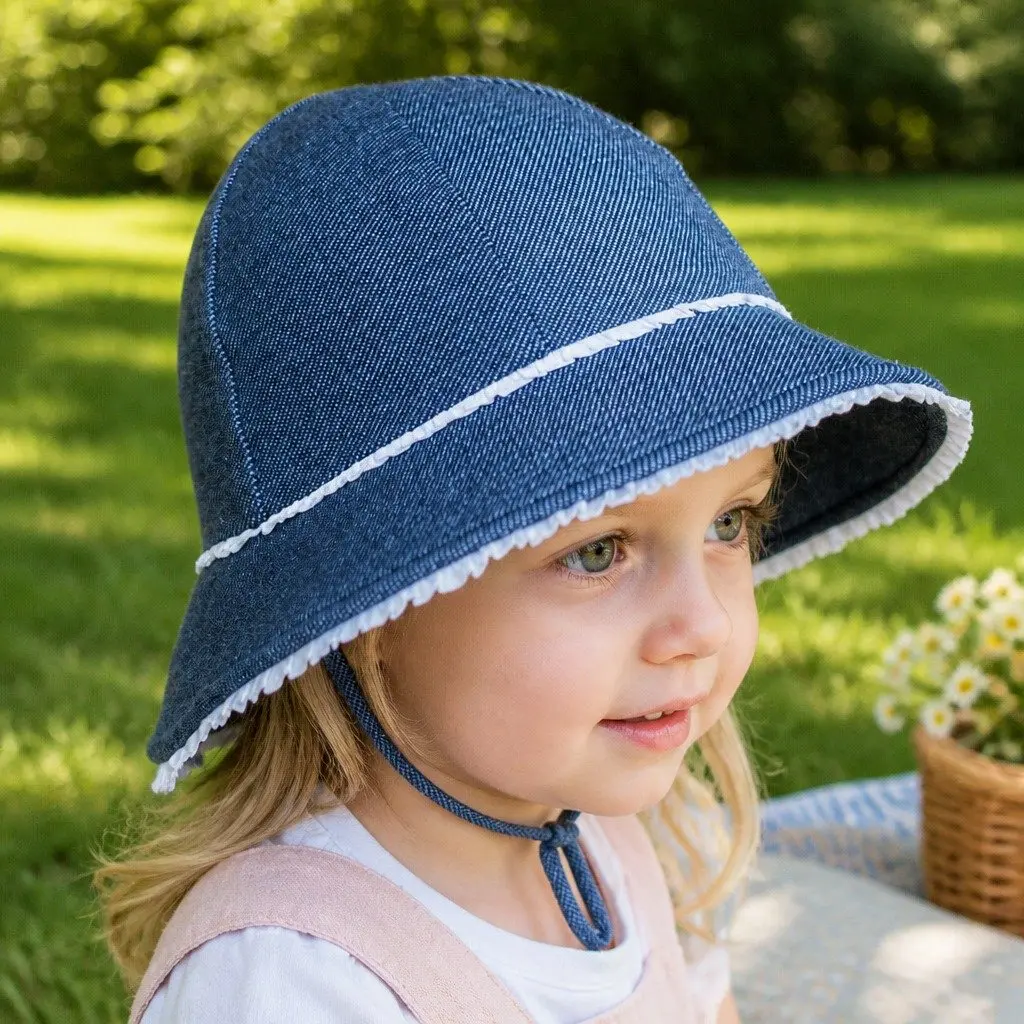 Toddler Bucket Hat Denim S Ruffle Trim Soft Flexible Brim Sun Protection