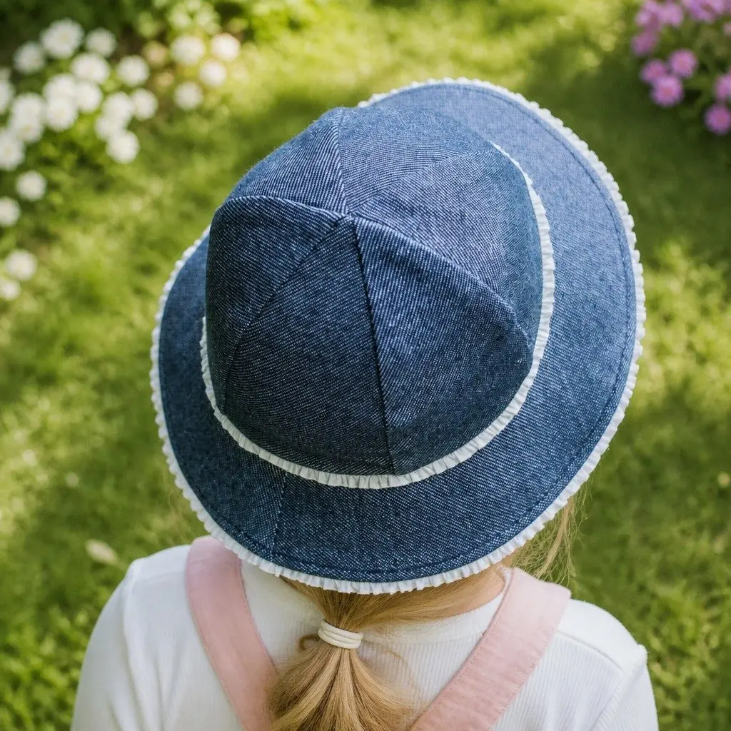 Toddler Bucket Hat Denim S Ruffle Trim Soft Flexible Brim Sun Protection