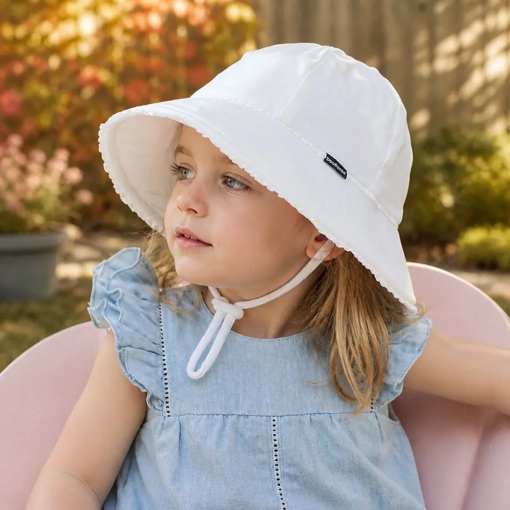 Toddler Bucket Hat White S Soft Flexible Brim UPF50+ Sun Protection Ruffle Trim