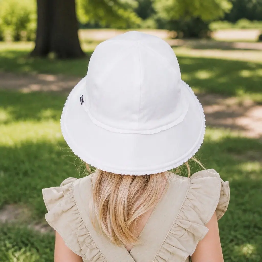 Toddler Bucket Hat White S Soft Flexible Brim UPF50+ Sun Protection Ruffle Trim