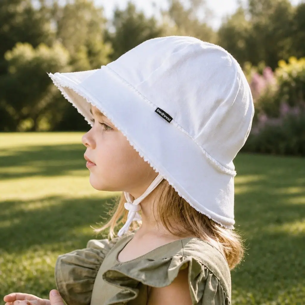 Toddler Bucket Hat White S Soft Flexible Brim UPF50+ Sun Protection Ruffle Trim