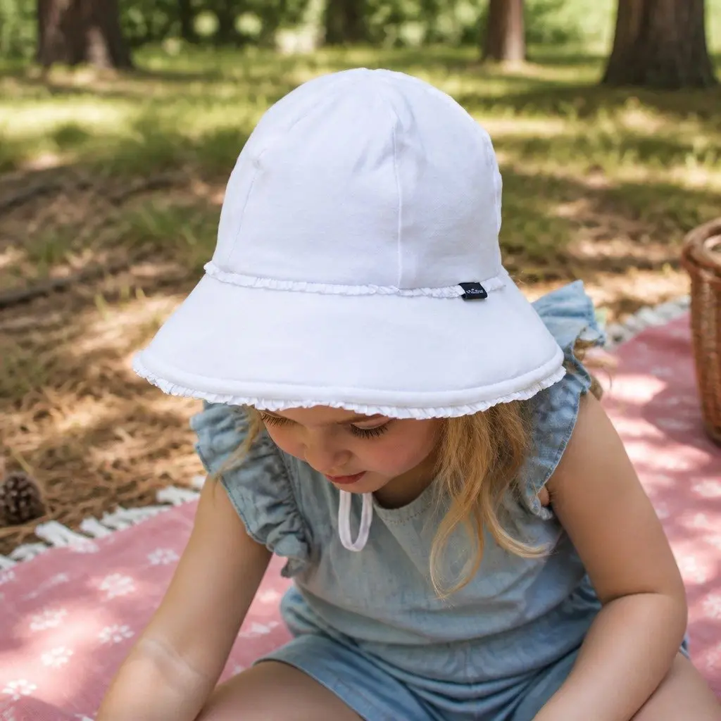 Toddler Bucket Hat White S Soft Flexible Brim UPF50+ Sun Protection Ruffle Trim