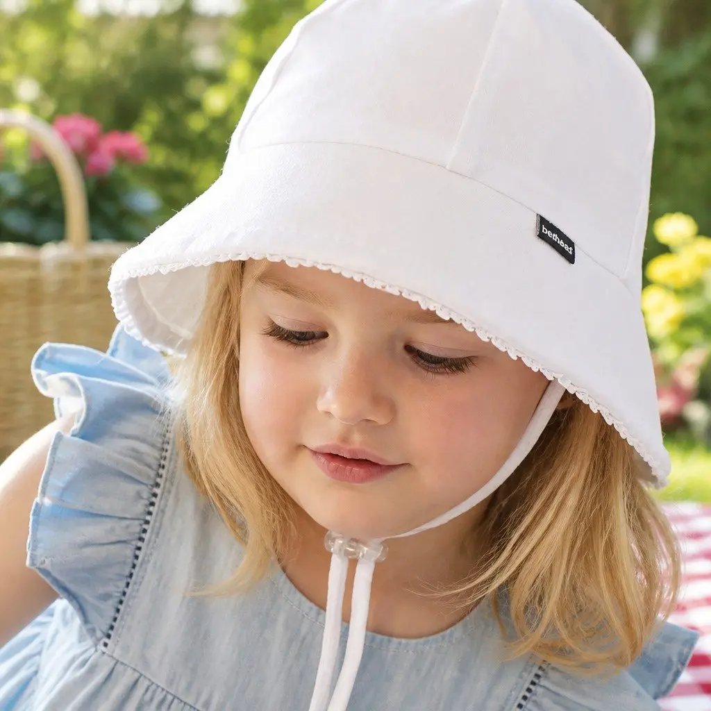 Toddler Bucket Hat White S Soft Flexible Brim UPF50+ Sun Protection Ruffle Trim