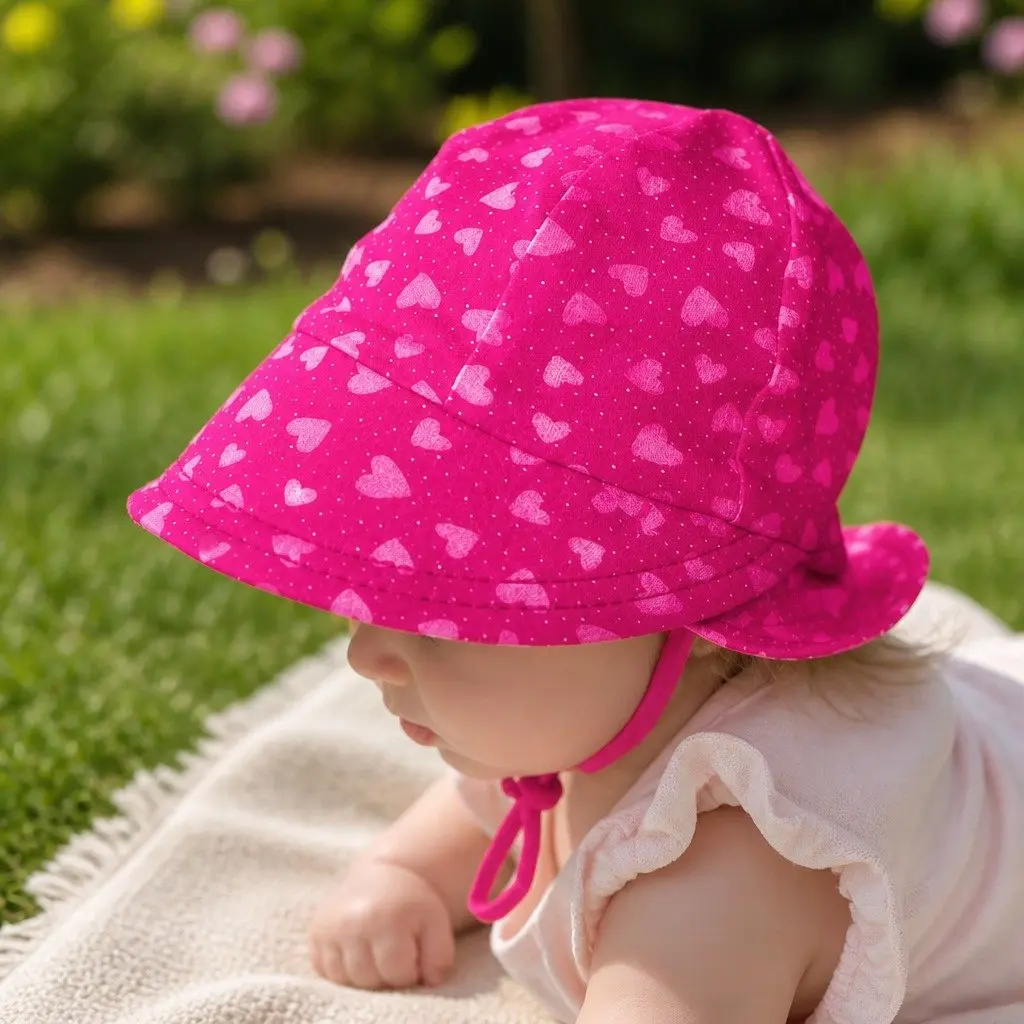 Baby Legionnaire Sun Hat Hearts Pattern M UPF50+ Soft Cotton Adjustable Chin Strap