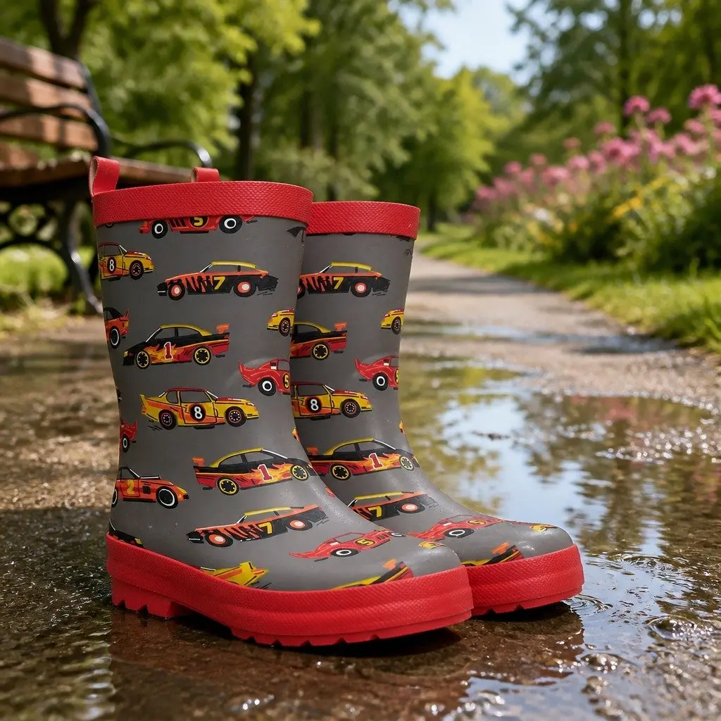 Kids Rain Boots Navy Size 4 Waterproof Slip-Resistant Matte Rubber Classic Cars