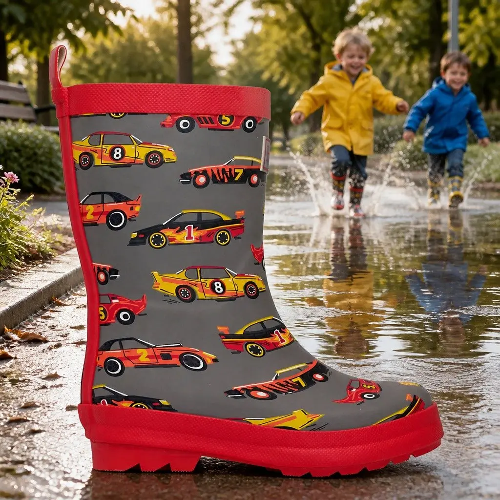 Kids Rain Boots Navy Size 4 Waterproof Slip-Resistant Matte Rubber Classic Cars
