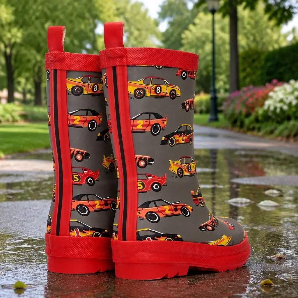 Kids Rain Boots Pink Navy Size 6 Waterproof Slip Resistant Matte Classic Race Cars