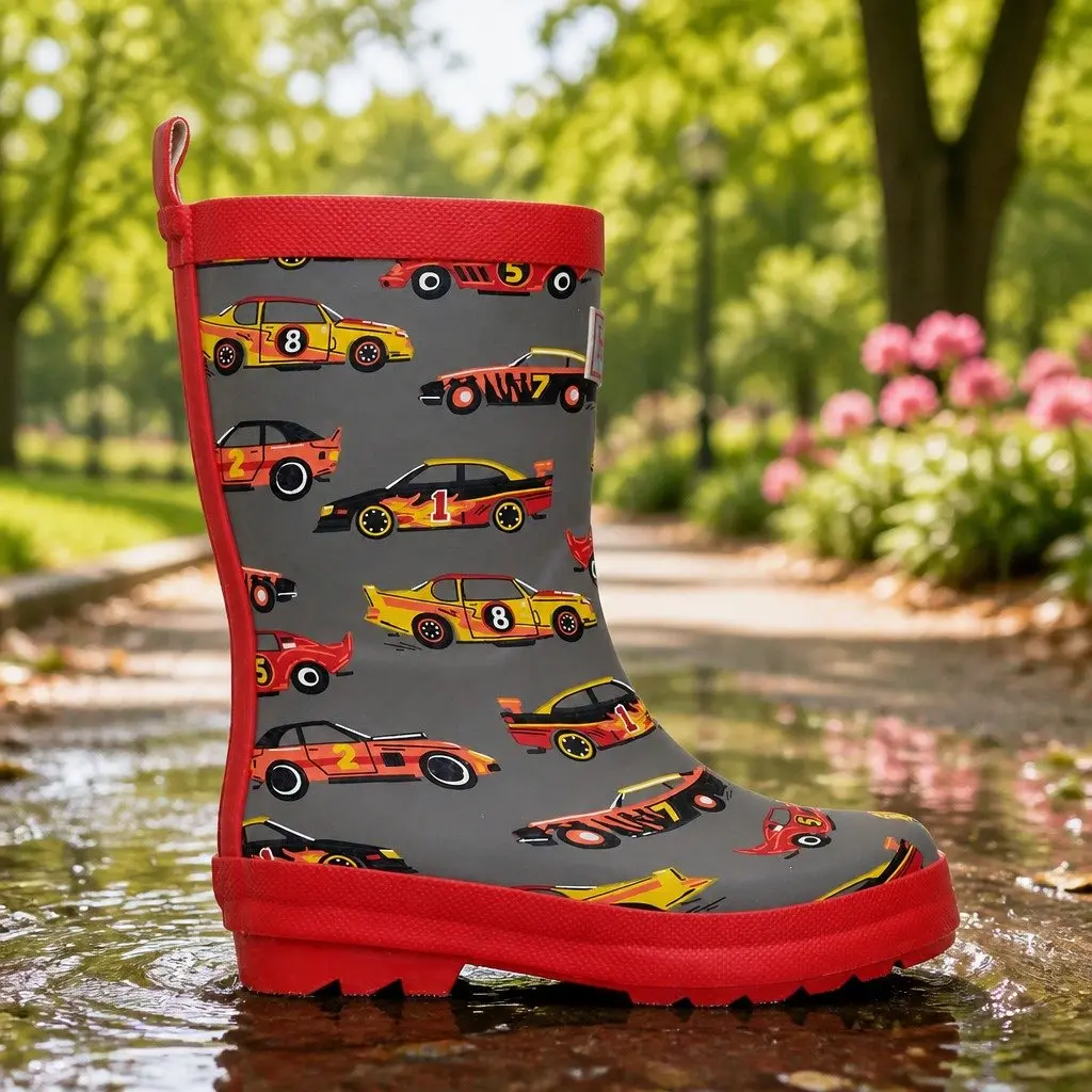 Kids Rain Boots Pink Navy Size 6 Waterproof Slip Resistant Matte Classic Race Cars