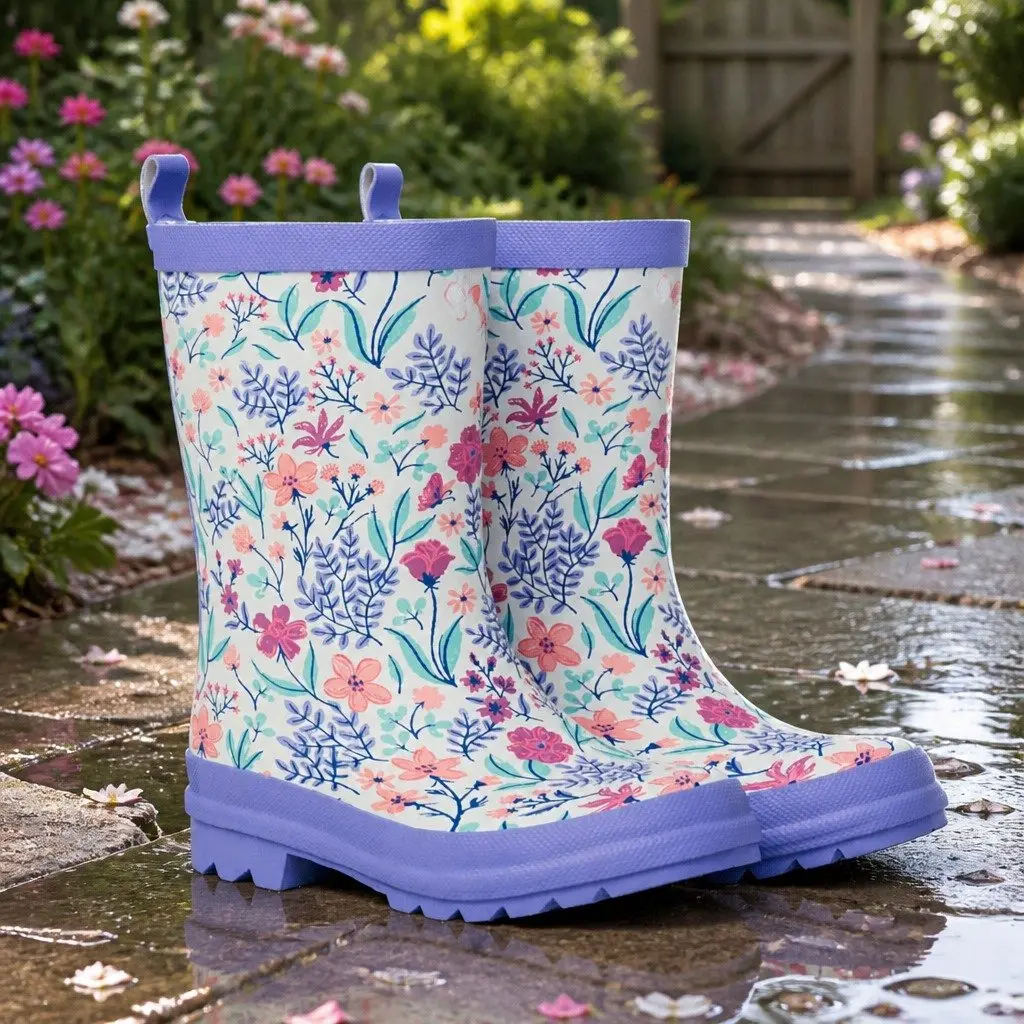 Kids Rain Boots Pink Navy Size 4 Waterproof Slip-Resistant Rubber
