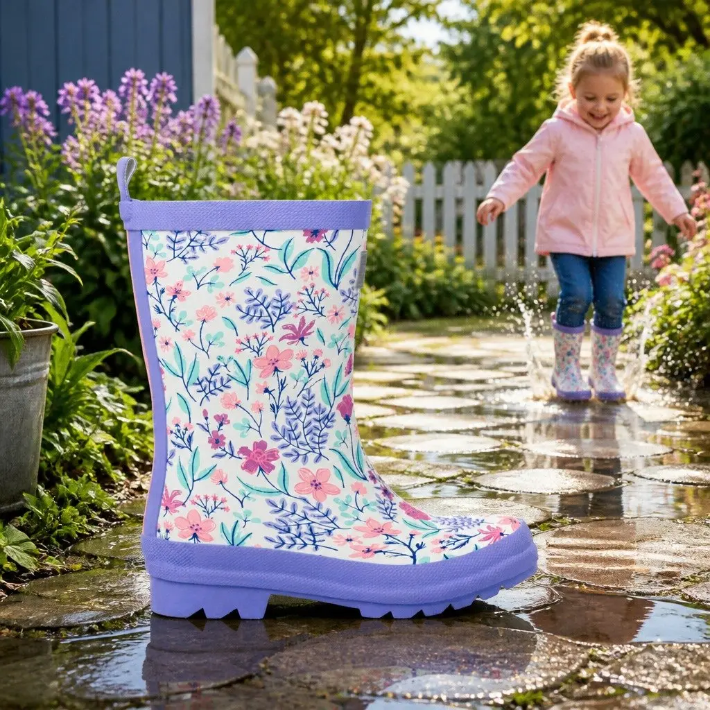 Kids Rain Boots Pink Navy Size 4 Waterproof Slip-Resistant Rubber